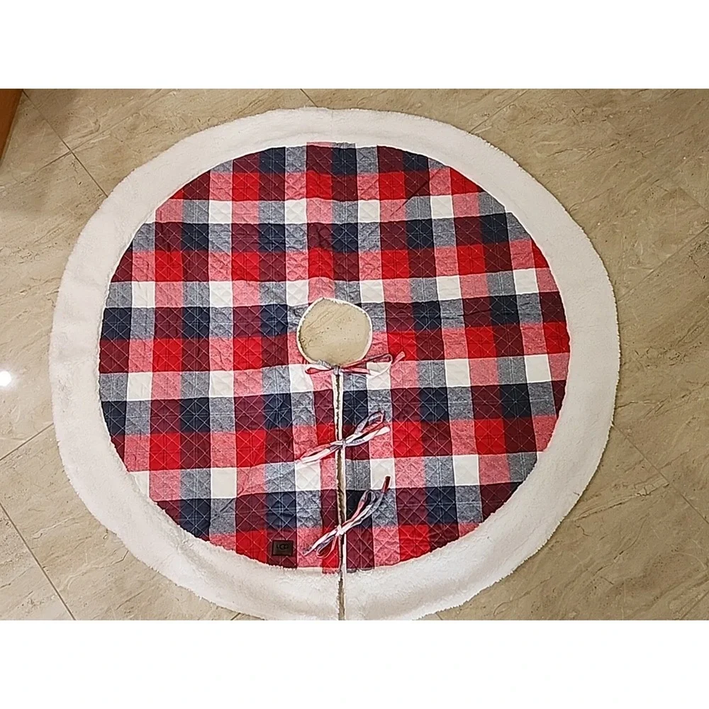 UGG Camper Plaid Tree Skirt Red/Grey Checkered Quilted Cotton & Sherpa Christmas